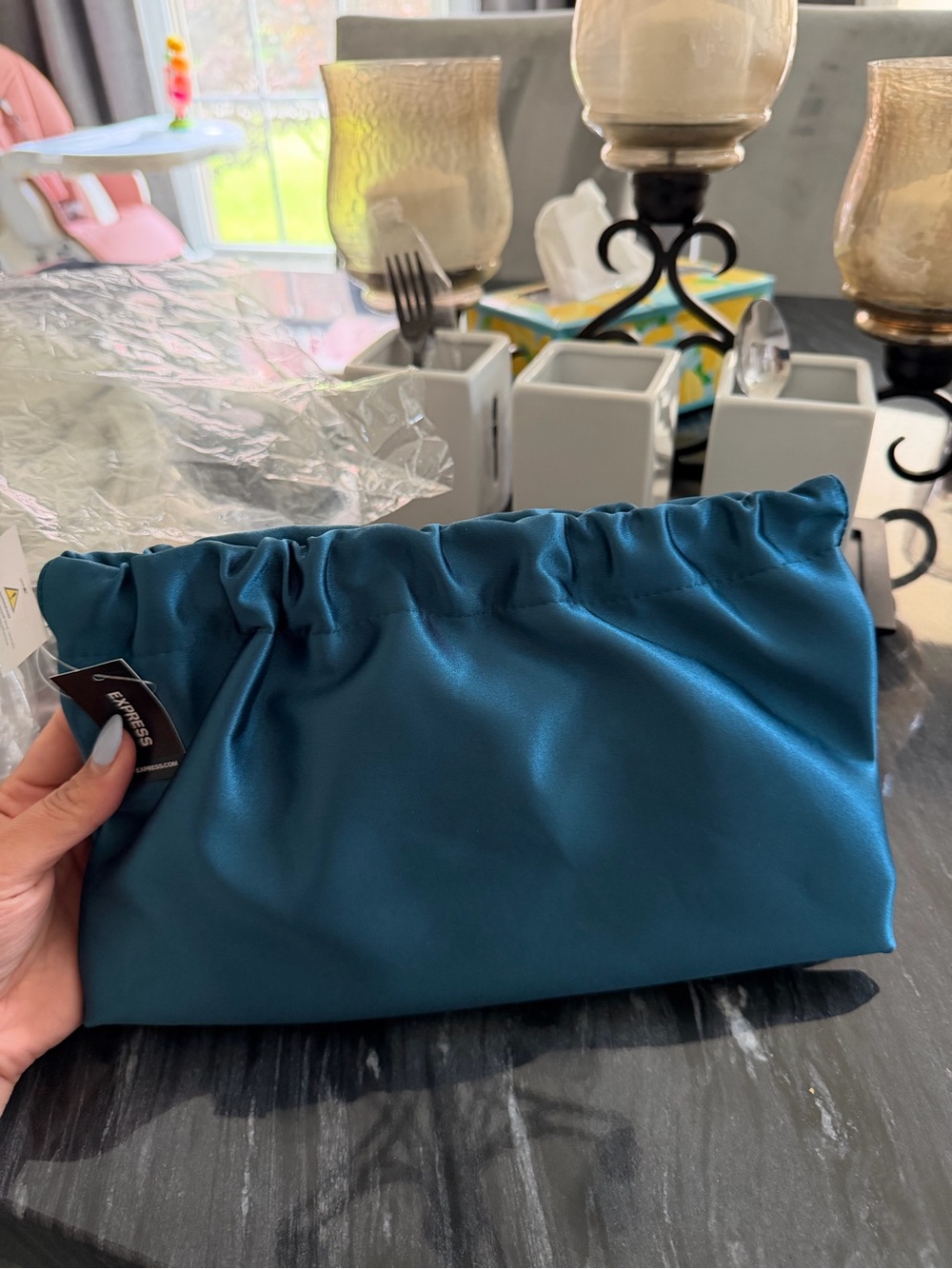 Express Teal Satin Gathered Clutch